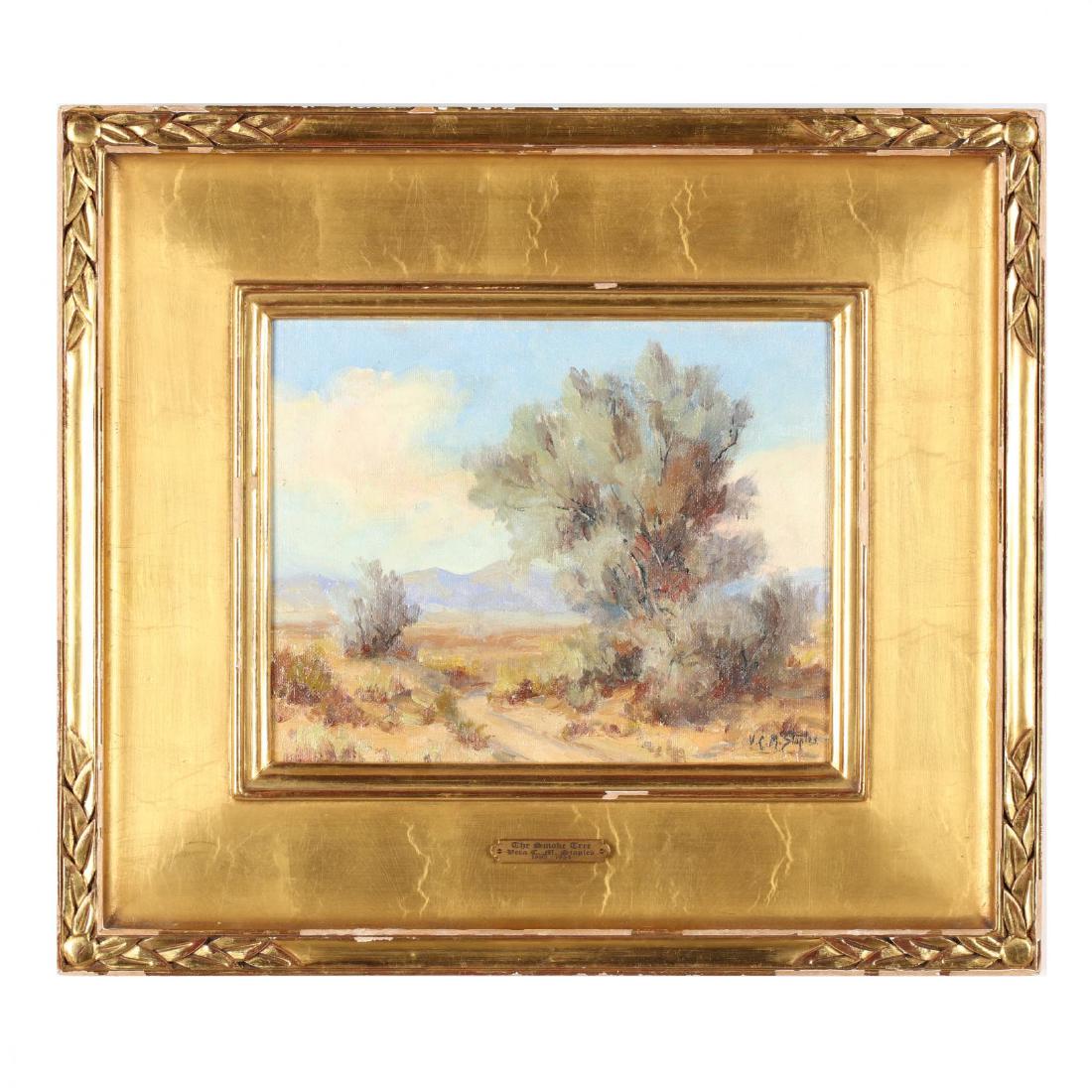 Vera C. M. Staples (CA, 1883-1954), The Smoke Tree: oil on board, signed at lower right, retaining artist's label on the verso, presented in an attractive hand-carved plein air gilt composition frame with gallery plaque. DOA 15 x 16 7/8 in. Additional