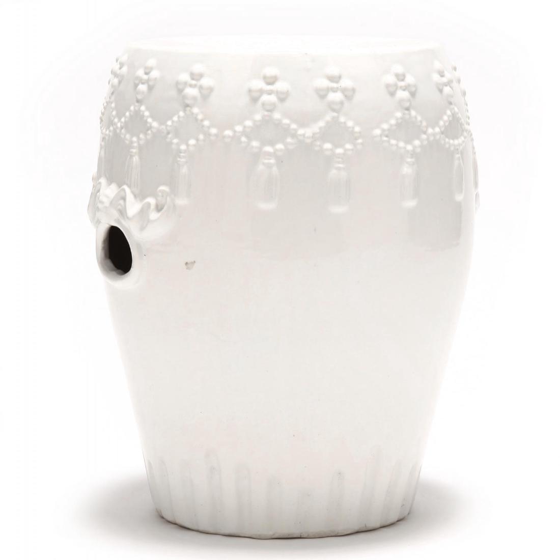 Contemporary Blanc de Chine Garden Stool: late 20th century, decorated with raised bosses and drop tassels, pierced handles. 18 in. Estate of Etta Spikes Nelson of Arlington, VA and Durham, NC Additional high-resolution photos are available a