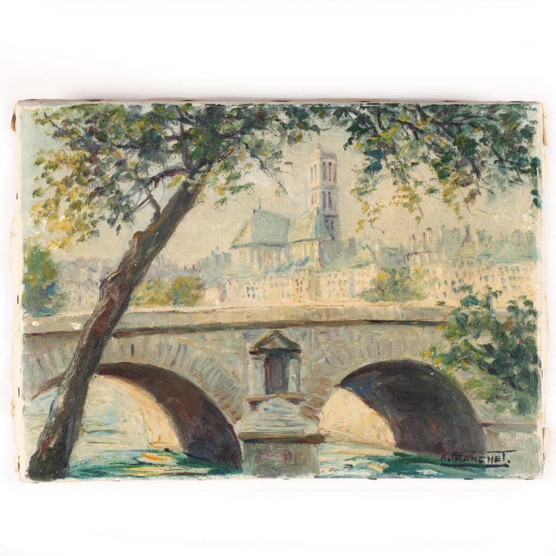 AndrÃ© Franchet (French, 1896-1961), La Seine et: oil on canvas, signed at lower right, inscribed and titled on the top stretcher, no. 2662, retaining a gallery label on the verso, unframed. 9.5 x 13 in. From the Estate of the late H. Lee Fowlkes, Jr