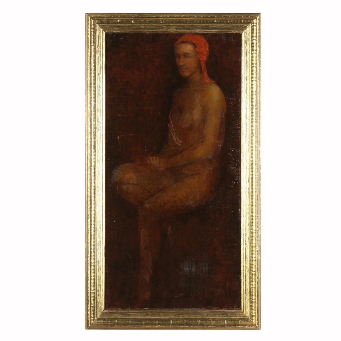 Continental School (20th C), Nude Figure Study in Oil: oil on canvas, no visible signature presented in gilt wood frame. DOA 36 1/4 x 20 1/8 in. From the Estate of the late H. Lee Fowlkes, Jr., Yanceyville, NC Additional high-resolution photos are availab
