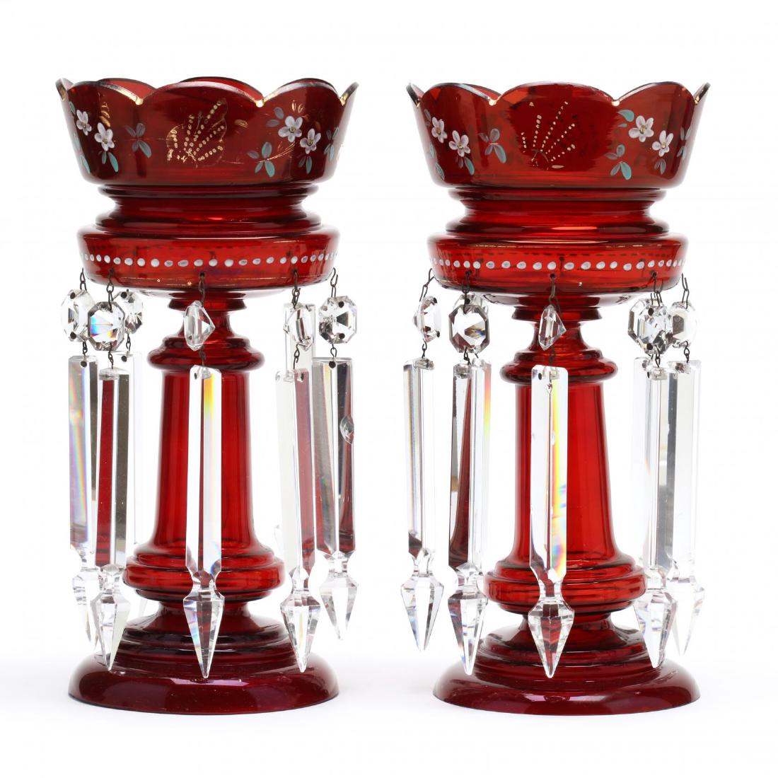 Pair of Vintage Cranberry Mantle Lusters: gilt decoration, cut glass prisms, not signed. 12 in. Private Collection, Winston-Salem, NC Additional high-resolution photos are available at LelandLittle.com