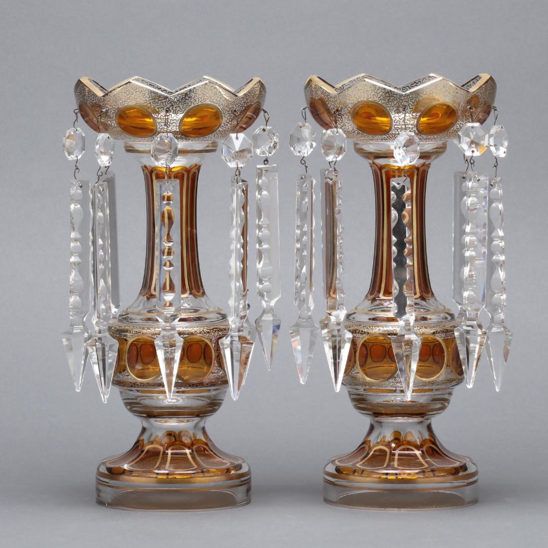 Moser, Pair of Cabochon Glass Mantle Lusters: early to mid 20th century, cut glass with gilt highlights and amber cabochon panels, faceted drop prisms, unmarked. 12 in. From the Estate of the late H. Lee Fowlkes, Jr., Yanceyville, NC Additional h