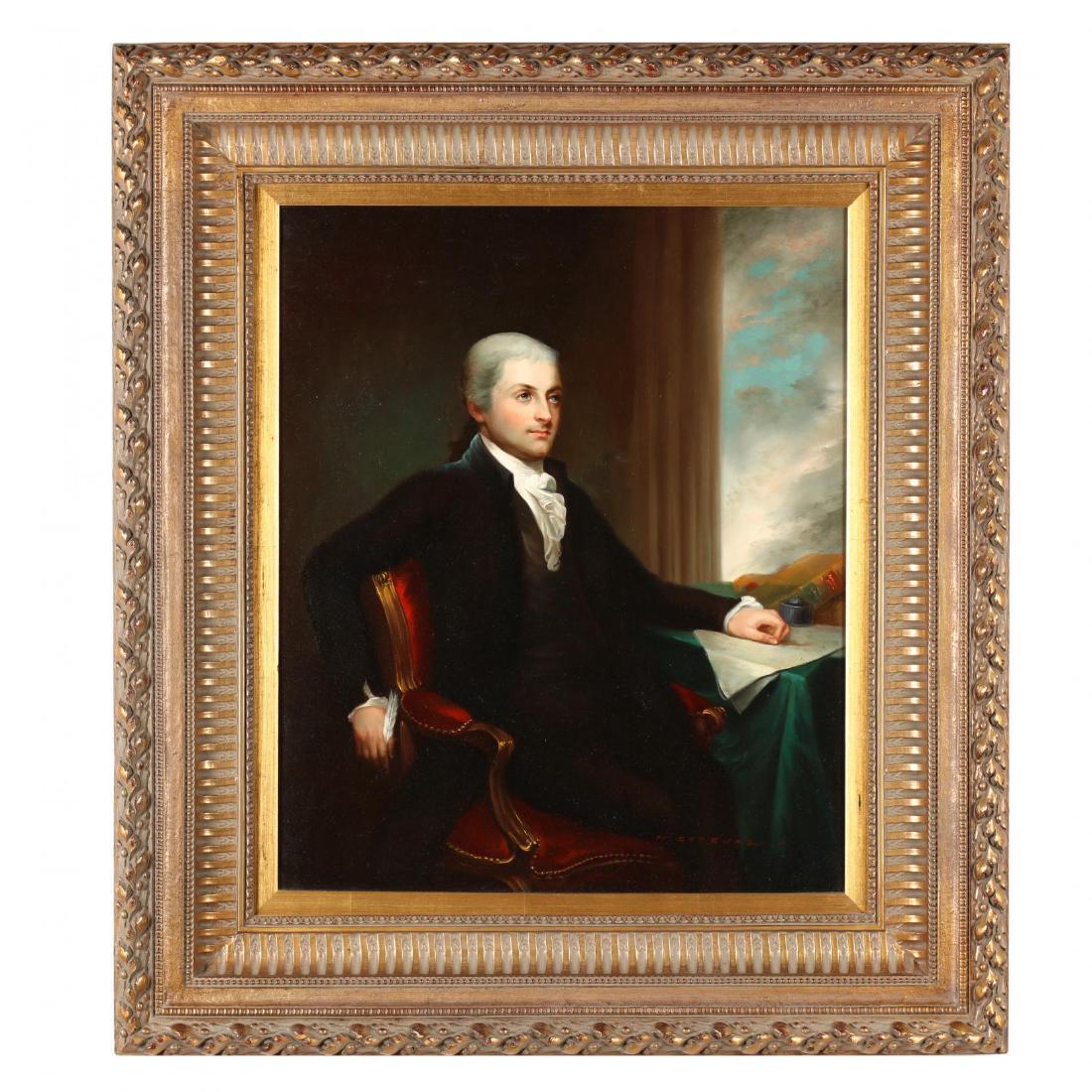A Portrait of John Jay after Gilbert Stuart: oil on canvas, late 20th century, signed at lower right, presented in a gilt frame. DOA 35 x 30.75 in. Additional high-resolution photos are available at LelandLittle.com