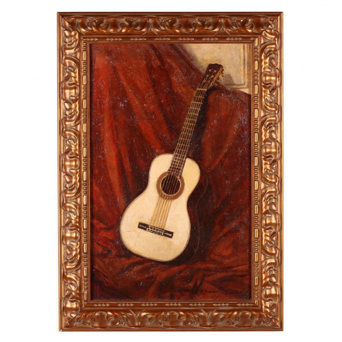 Robert Emmett Owen (1878-1957), Still Life with Guitar: oil on canvas (lined), signed at lower right, presented in a contemporary frame. DOA 31 x 21.5 in. Additional high-resolution photos are available at LelandLittle.com