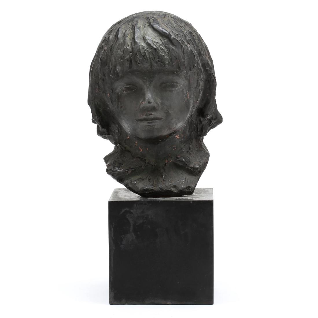 Terracotta Bust of a Young Girl: mid 20th century, bronze tone painted surface, illegible stamp to back of neck, mounted on a wood plinth. 16 in. Estate of Etta Spikes Nelson of Arlington, VA and Durham, NC Additional high-resolution