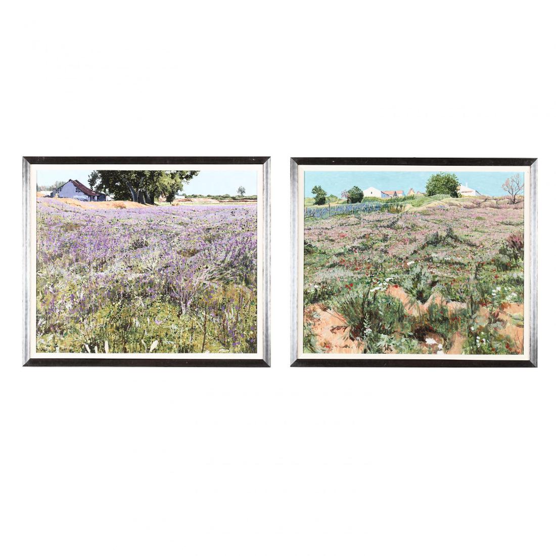A Pair of Contemporary French Lavender Field Landscape: acrylic on board, each signed Lucas, each presented in matching silvered frames with linen liners. DOA 22 x 26 in. (each) Collection of Owen Walker, Raleigh, NC Additional high-resolution photos are a
