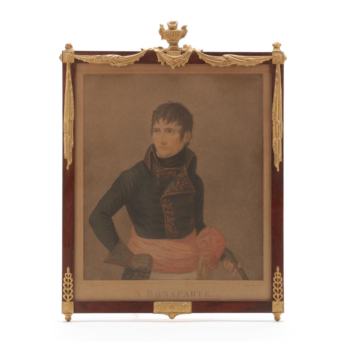 Francesco Bartolozzi (Italian, 1727-1815), Napoleon: mezzotint in colors with added hand coloring, circa 1800, after an original painting by Andrea Appiani the Elder, presented in 19th-century Neoclassical wooden frame with partial gilt elements. DOA 19