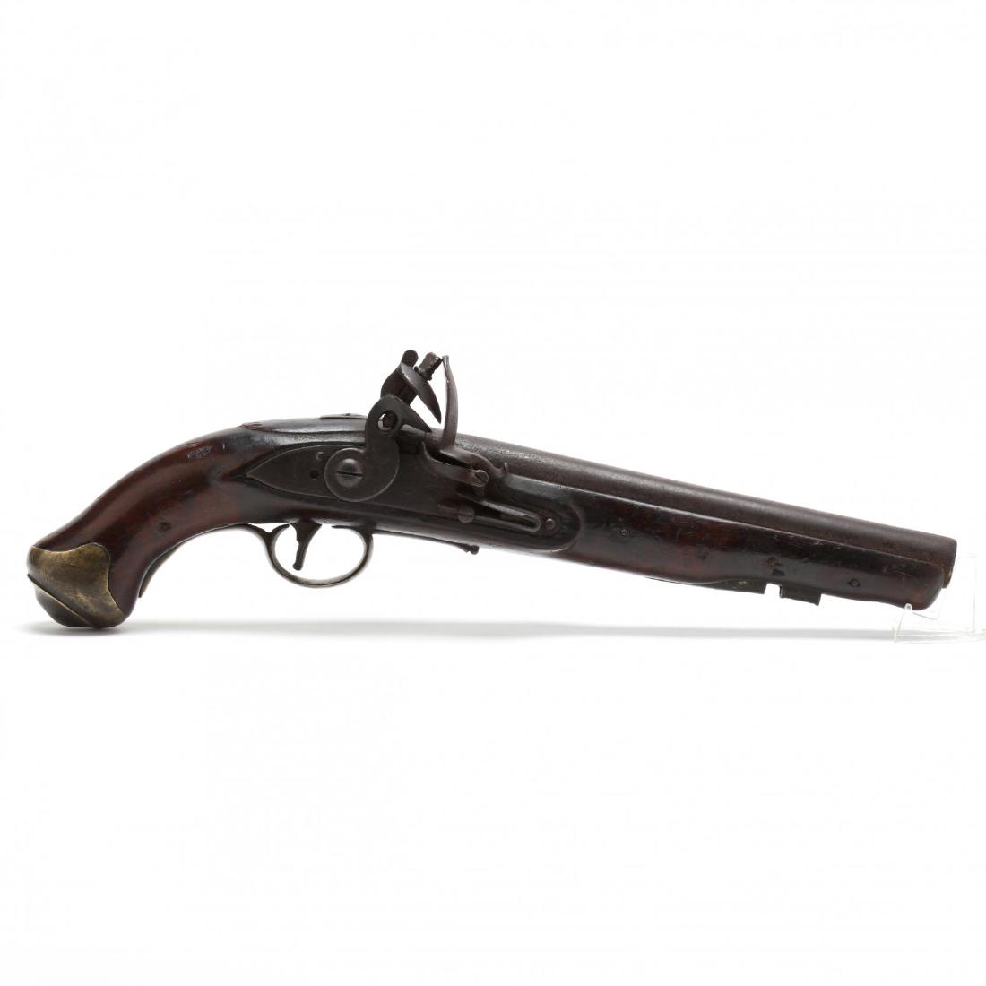 British Tower Flintlock Cavalry Pistol: early 19th century, 9 in. barrel with two worn proof marks at breech, 18mm bore, walnut stock stamped WH behind left side plate, lockplate marked with crown over GR and TOWER, brass furniture. LOA 15.