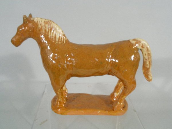 NC Folk Pottery Horse Figural, Charlie Moore,: NC Folk Pottery Horse Figural, Charlie Moore, clear glazed earthenware w/yellow slip highlights to mane and tail, hand molded, inscribed signature on the bottom "Charles Moore 2000 No 13"; glaze scrap