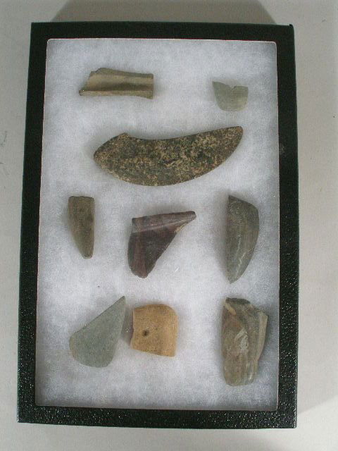 Fragmentary Lunate Bannerstone, likely NC,: Fragmentary Lunate Bannerstone, likely NC, highly polished speckled hardstone of finest form, Archaic Period, 4"l; plus 8 fragmentary bannerstones and gorgets averaging 2"-3" LOA Est. 100-200