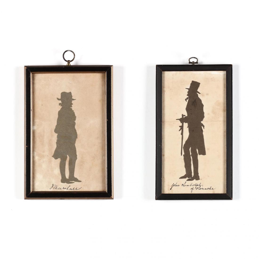 Two 19th-Century Silhouettes of Virginia Statesmen: cut and paste, to include a full length profile of John Randolph of Roanoke and John Marshall, inspired by William H. Brown's Portrait Gallery of Distinguished American Citizens, presented in similar