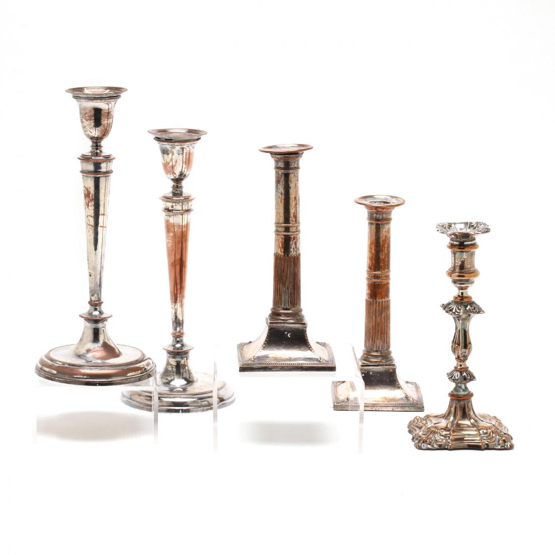 Five Antique Sheffield Plate Candlesticks (1 of 7)