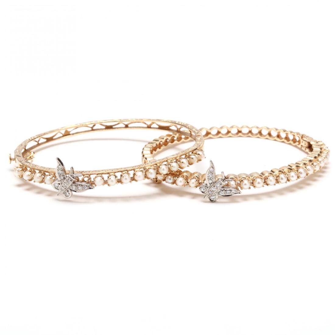 Near Pair 14KT Gold, Pearl, and Diamond Bracelets (1 of 4)