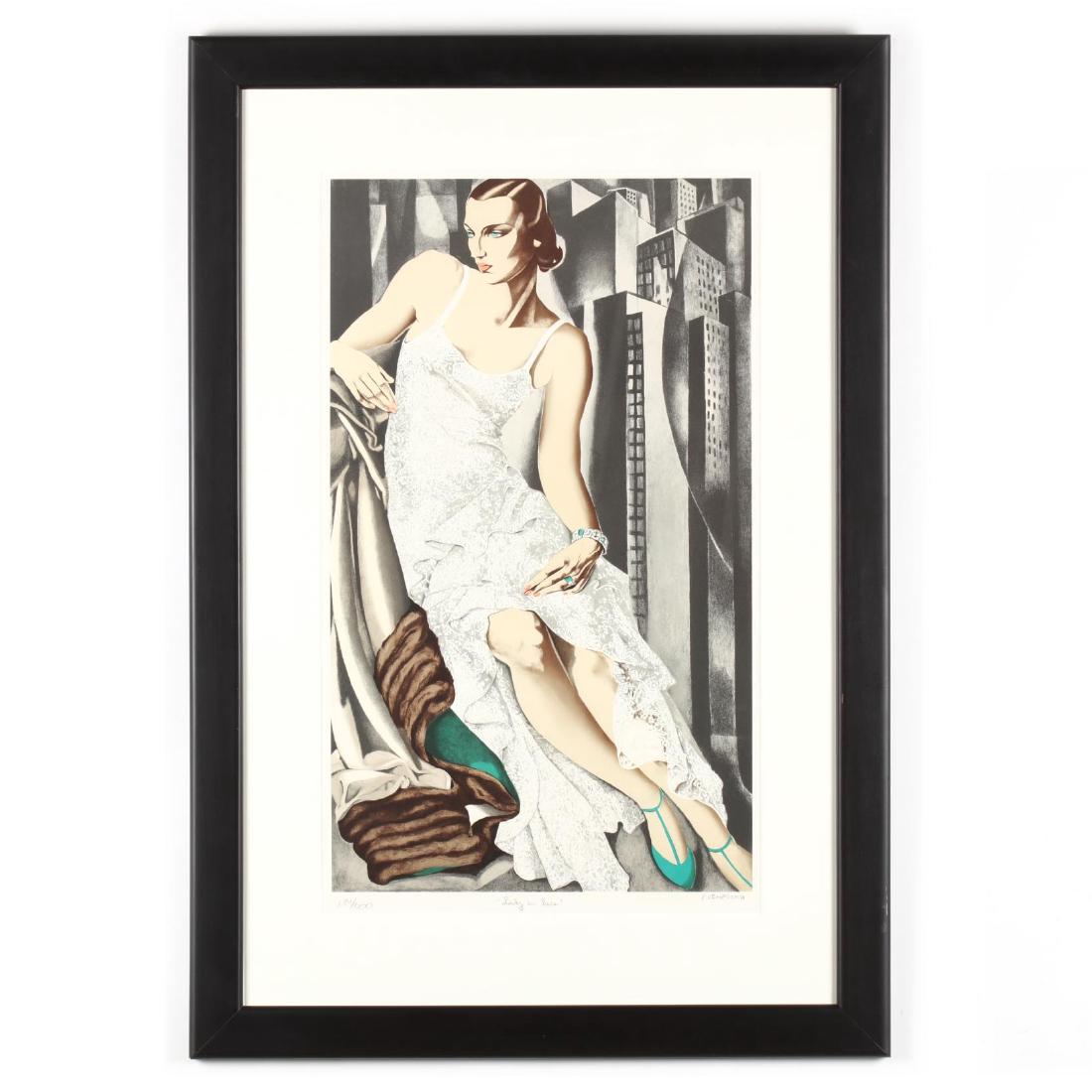 after Tamara de Lempicka (Polish, 1898-1980), Lady in: lithograph in colors, pencil signed by artist's daughter "K. Lempicka" lower right, also titled and numbered 231/300 in pencil lower margin, matted and framed. Image Size 26 x 15 3/8 in.; DOA 37 1/2 x
