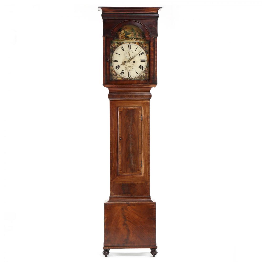 George III Scottish Tall Case Clock: circa 1800, mahogany, mahogany veneers, pine secondary, painted metal face with the four seasons to each corner surmounted by a patriot "Vide Rob Roy," face with Roman numerals, second hand and date h