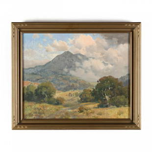 Percy Gray (CA, 1869-1952),  Clouds Over Mount: oil on canvas, signed at lower left, the stretcher bars marked for M. Flax, Inc. of Los Angeles, the top stretcher inscribed cat. 344 / c-8413 / 150.00 and  10333, retaining Gump's label on the dust b