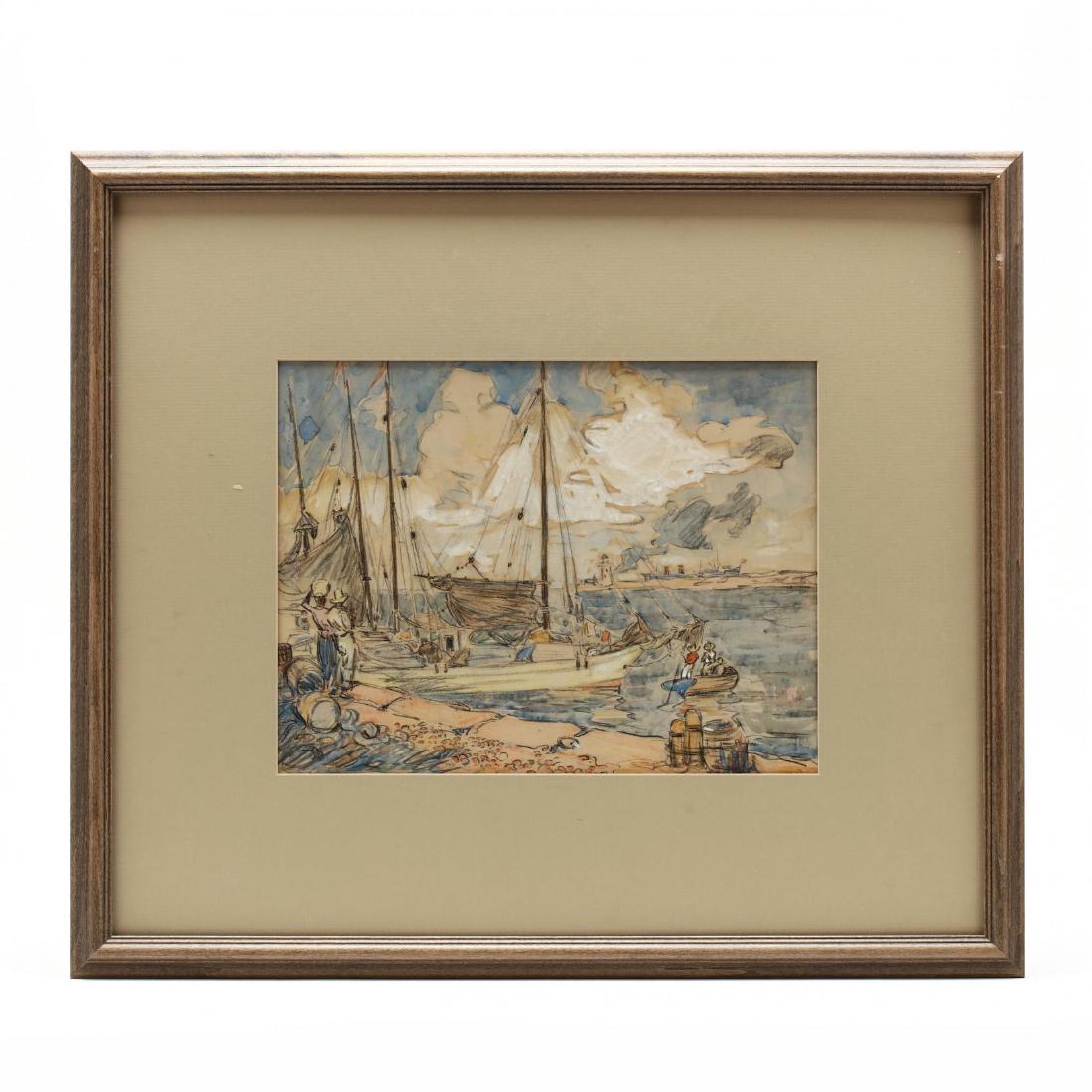 James Preston (PA, 1873-1962), Harbor Scene: mixed media on paper (laid down), signed at lower right, the verso of the board with sketch of a young woman, matted and framed under glass. DOA 19.5 x 22.75 in. The Estate of William Lee Pritchard, M