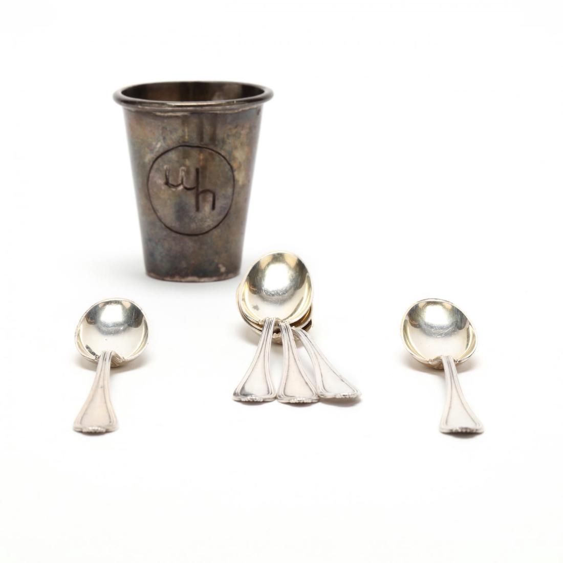 Group of Sterling Silver: including a Mexican silver shot glass and a set of (6) demitasse spoons by Towle. 3.25 total troy oz. Additional high-resolution photos are available at LelandLittle.com