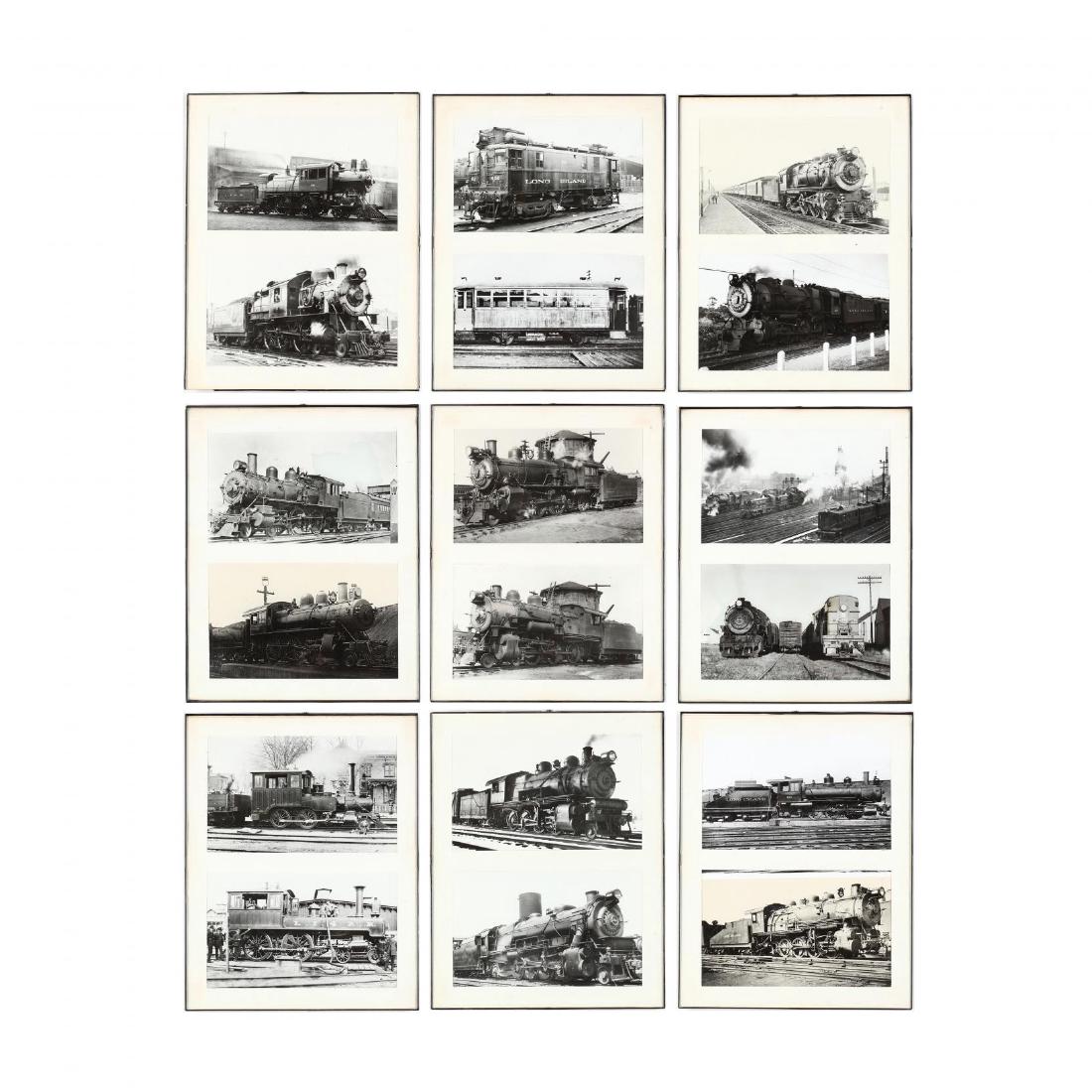 Group of (18) Vintage Train Photographs: gelatin silver prints, early 20th century, most picture Long Island trains, paired and presented in nine frames. DOA 14 1/8 x 11 1/8 in. Additional high-resolution photos are available at LelandLittl
