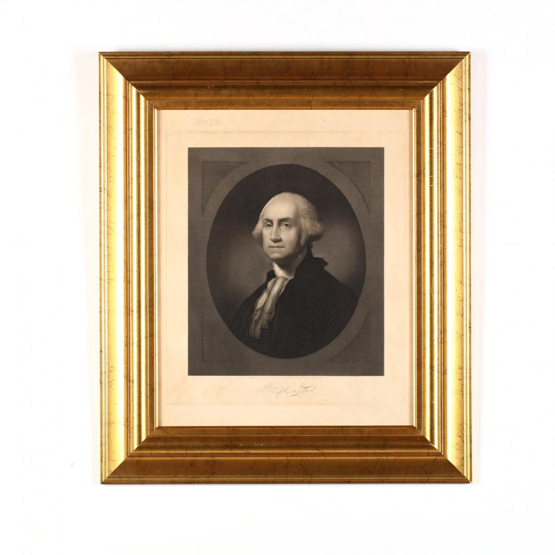 after Gilbert Stuart (American, 1755-1828), George: steel engraving, 19th century, with text and printed signature lower center, presented in later gilt frame. Platemark 13 3/8 x 11 1/4 in.; DOA 24 7/8 x 21 3/8 in. A nice, precise impression. Addition
