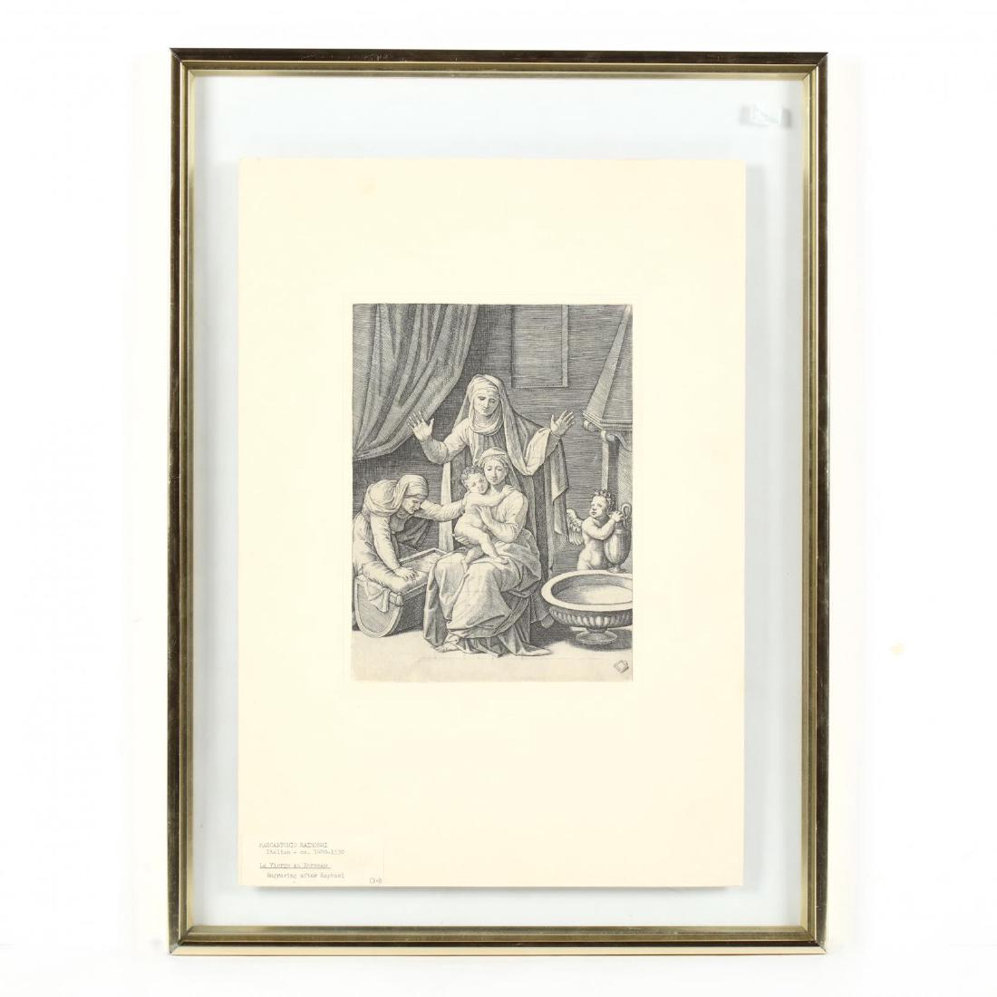 Marco Dente da Ravenna (Italian, circa 1493-1527) after: engraving, appears to be a later printing, matted and presented in glass frame. Sheet Size 9 5/16 x 7 in.; DOA 22 1/4 x 16 3/8 in. The Estate of the late Clay A. Waggenspack, M.D., Baton Rouge, LA Add