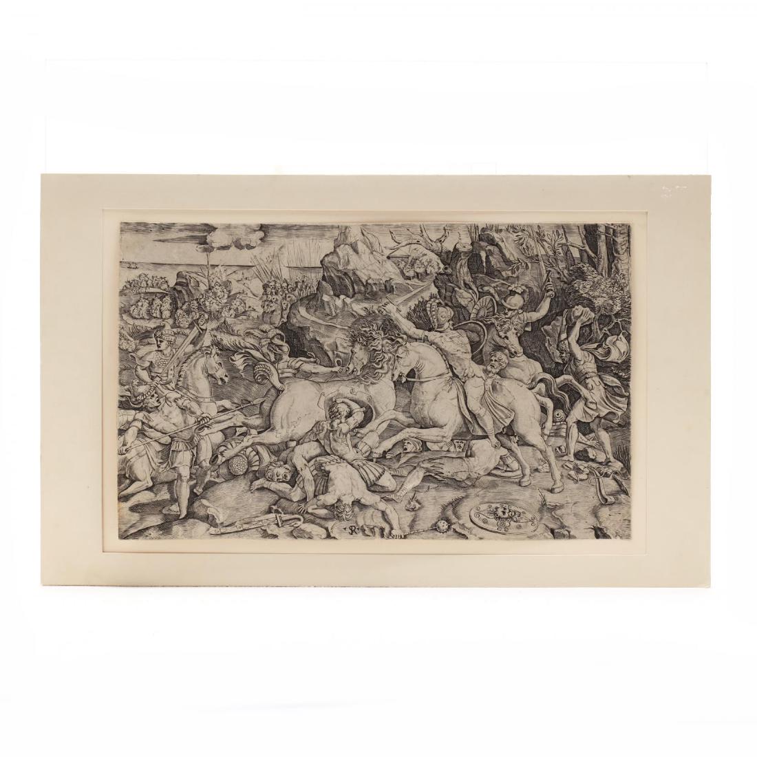 Marco Dente da Ravenna (Italian, circa 1493-1527),: engraving, appears to be an early printing, trimmed at platemark, unmatted, unframed. Sheet Size 8 15/16 x 14 9/16 in. A beautiful composition with richly-inked lines. The Estate of the late Clay A. W