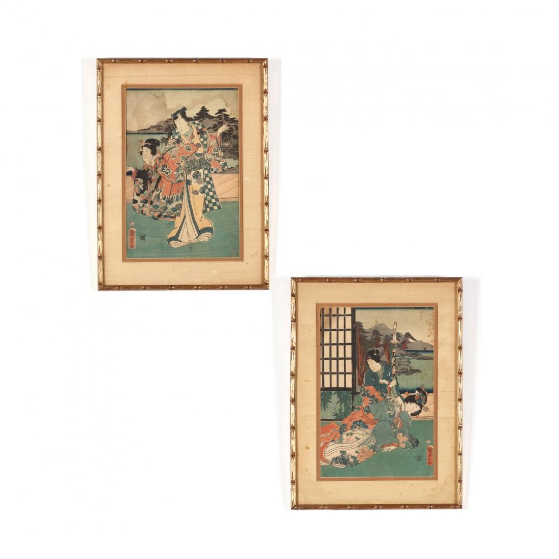 Two Woodblock Prints by Utagawa Kunisada (Japanese,: Edo period (1615-1868), 19th century, two oban prints from a triptych set depicting "The Tale of Genji" in an Edo period setting, published by Iseya-Rihei, framed under glass in gilded faux bamboo fra