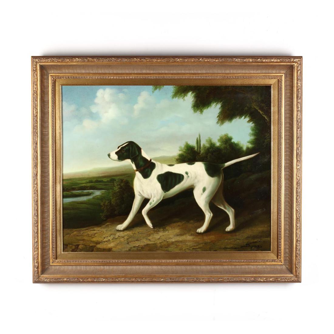 Decorative Painting of a Pointer: oil on canvas, contemporary, signed Shipley at lower right, in the style of George Stubbs, presented in a period appropriate gilt composition frame. DOA 32 x 37.5 in. From the Collection of Esther B.