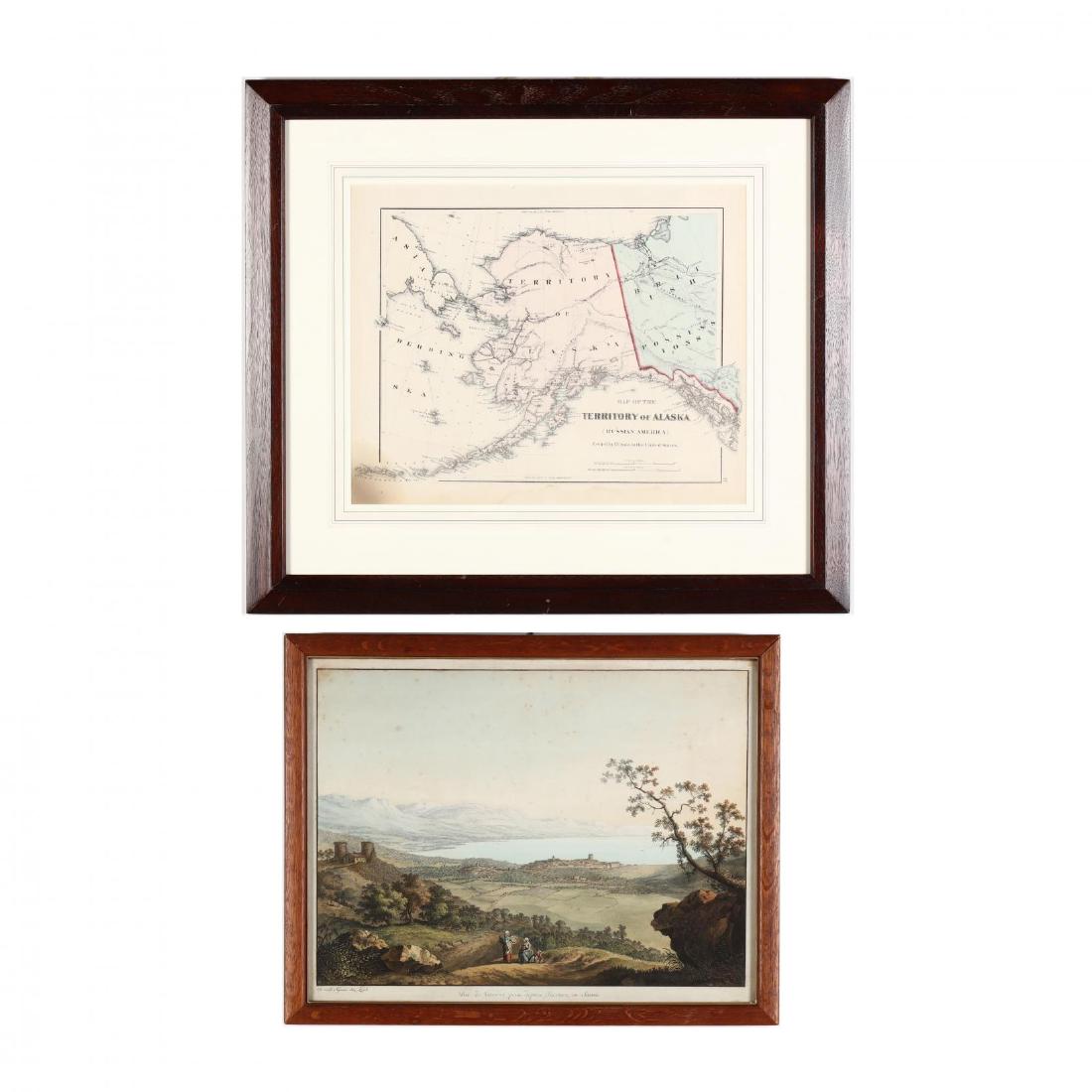 Two Framed Works - A Perspective View and an Alaskan: to include a hand-colored perspective view of Geneva; to also include an O. W. Gray Map of the Territory of Alaska (Russian America) Ceded by Russia to the United States, 19th century, hand colored; b