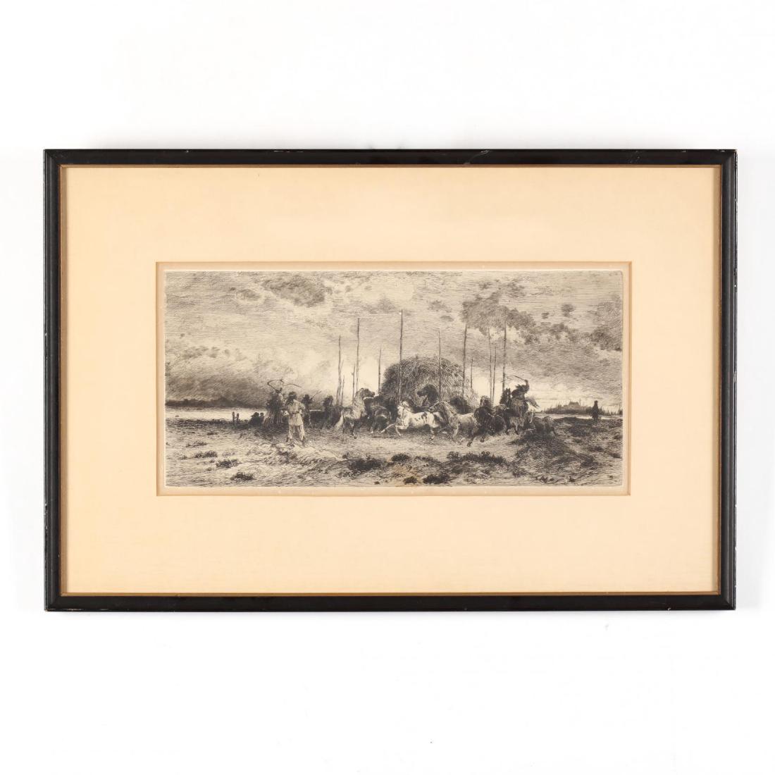 Peter Moran (American, 1841-1914), Harvest in San: etching on chine-collÃ©, 1883, monogramed in plate lower right, matted and framed. Platemark 6 x 12 3/8 in.; DOA 12 1/2 x 18 3/4 in. Additional high-resolution photos are available at LelandLittle.