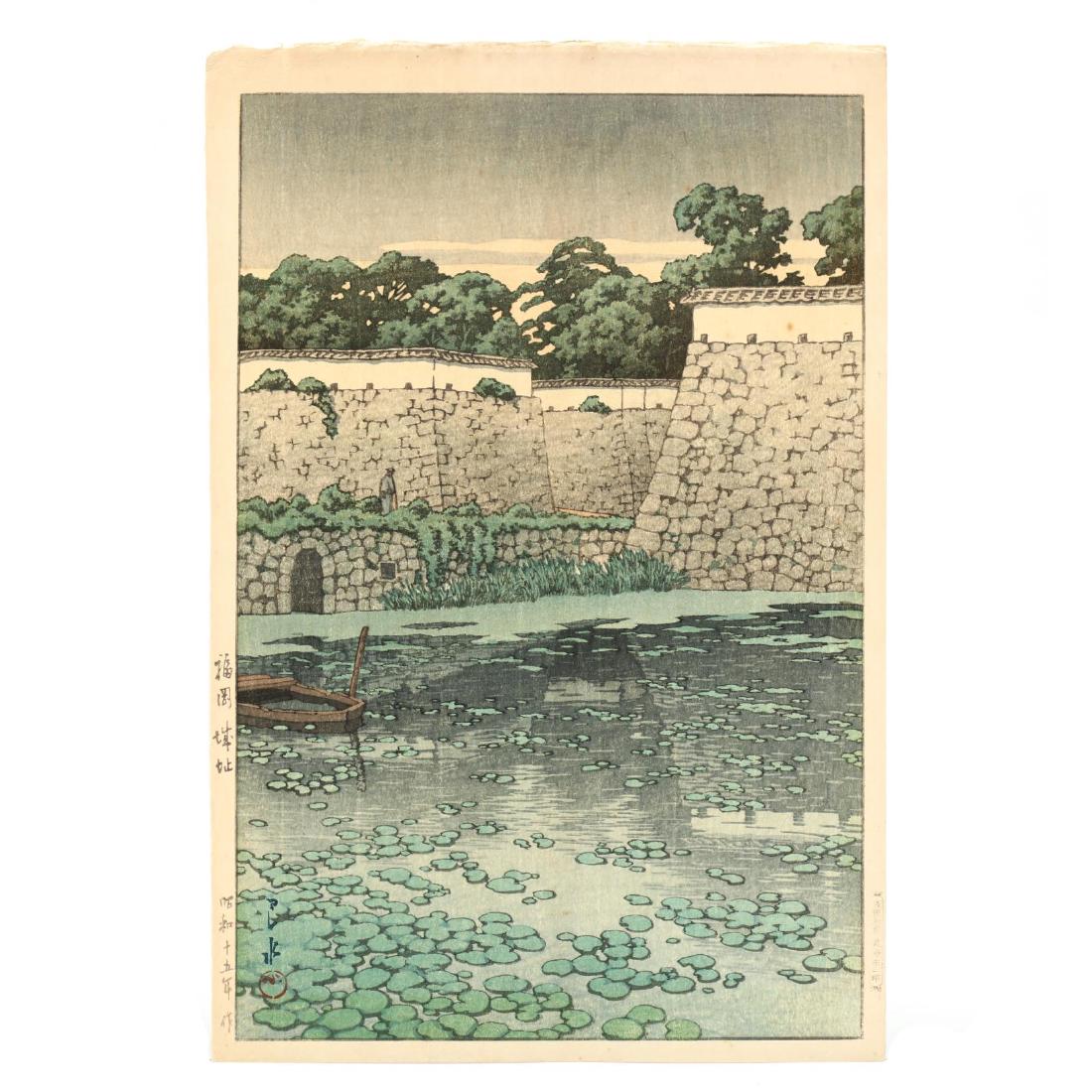The Ruins of Fukuoka Castle by Hasui Kawase: 1940, woodblock print, ink and colors on paper, signed on lower left hand side "Hasui" with red "Sui" seal, Watanabe publisher's seal on right hand margin, the wood grain of the block is evident in th