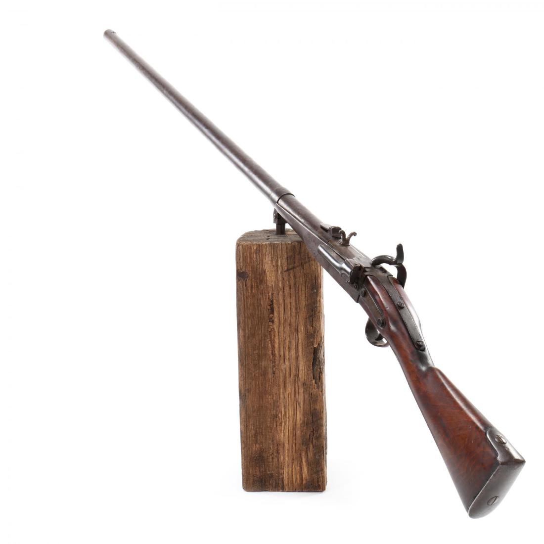 Massive Continental Percussion Wall Gun: mid-19th century, 52 in. barrel with nearly 1 in. rifled bore, front and rear sights, crown /V V /star proof at breech, illegible inspectors' marks on various elements, walnut stock, iron furniture th