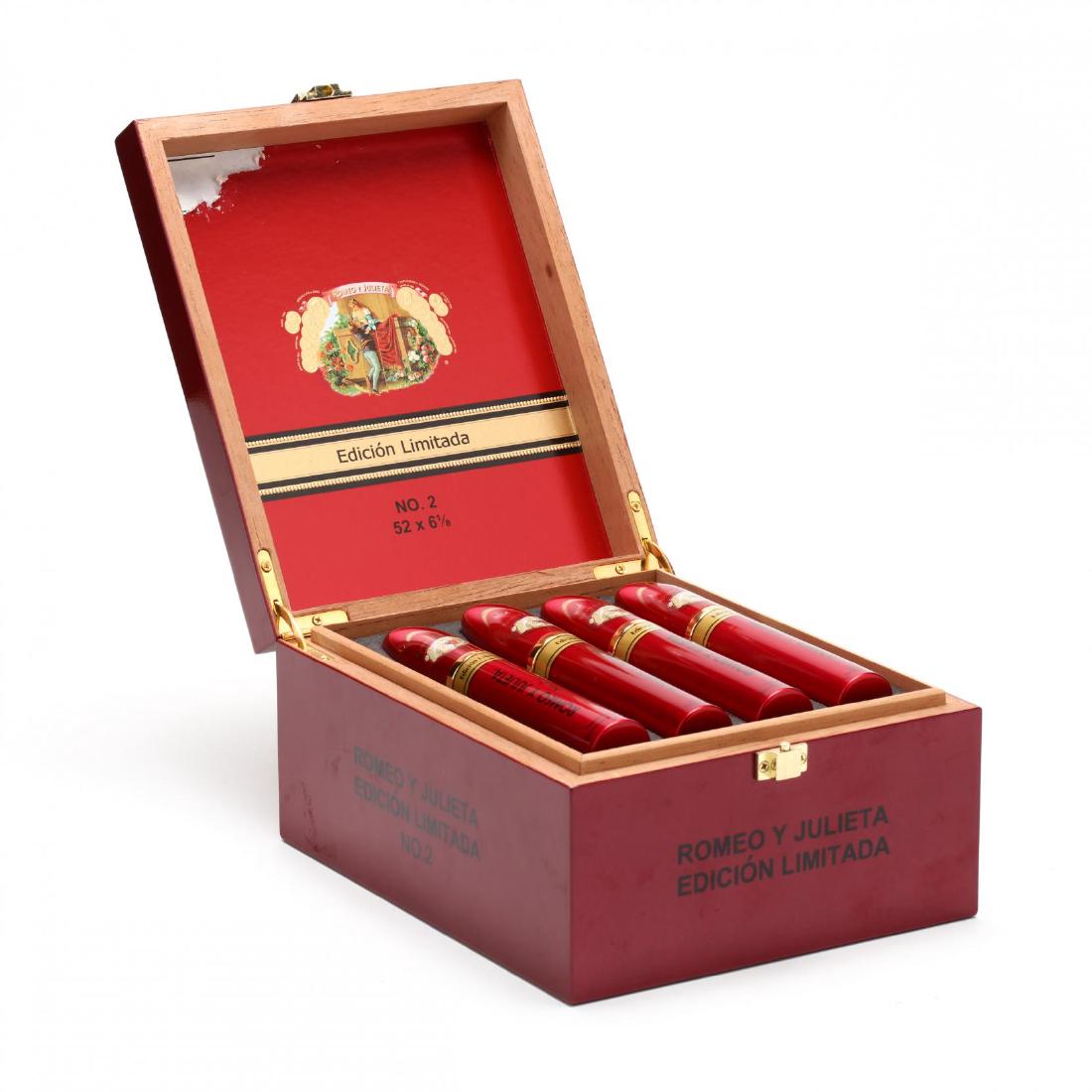 Romeo y Julieta Edicion Limitada No. 2: Open Box of Romeo y Julieta Edicion Limitada No. 2 containing twelve (12) cigars (6 1/8" x 52). Torpedo, Full, from Dominican Republic/Nicaragua. Additional high-resolution photos are available at Le