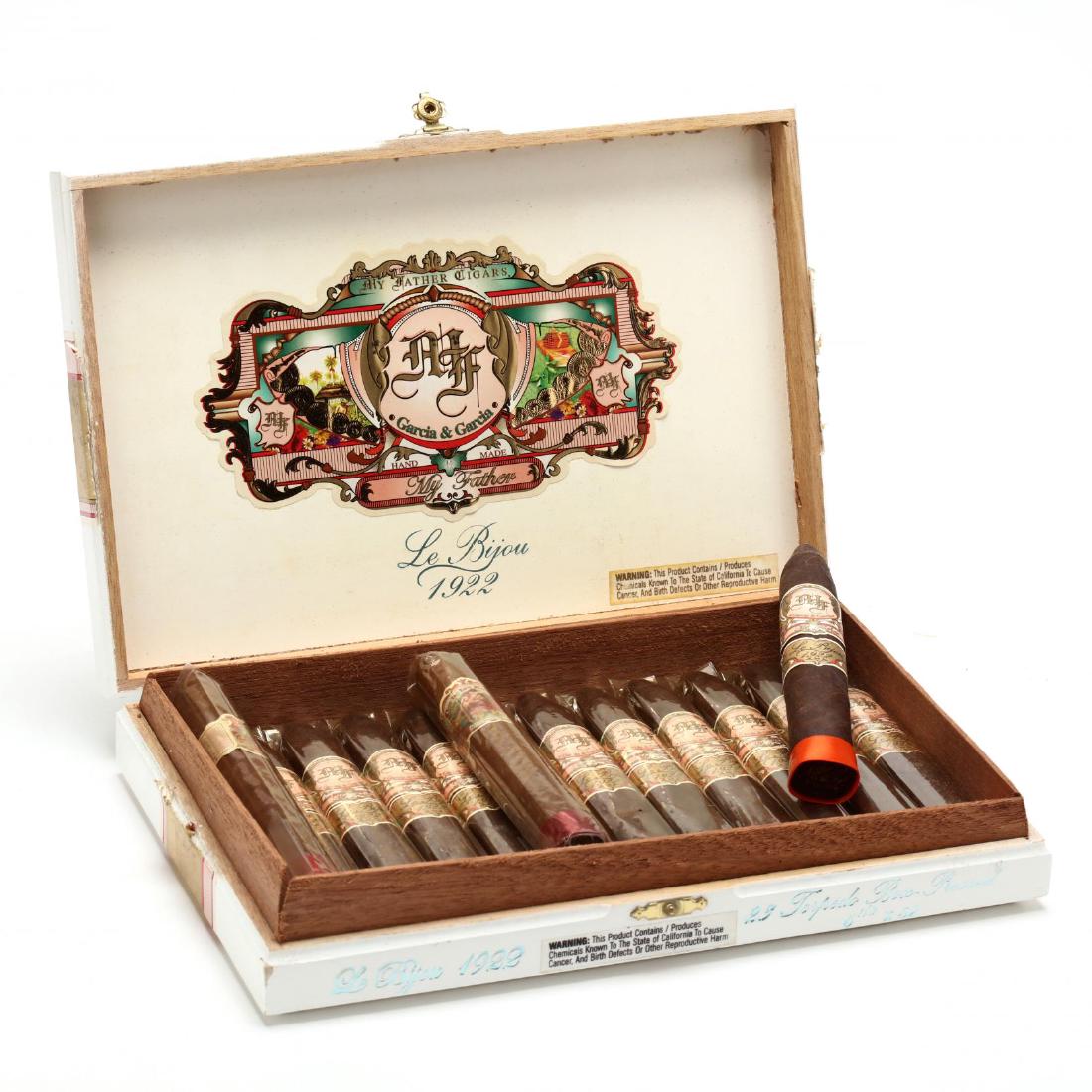 My Father Bijou 1922 & Flor de Las Antillas: Open Box of My Father Bijou 1922 containing twelve (12) cigars (6 1/8" x 52). Torpedo, Box Pressed, from Nicaragua. Cigar Aficionado 2015 Cigar of the Year. Also, two (2) My Father Flor de Las Antil