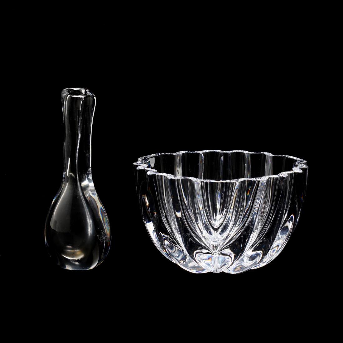 Two Pieces of Modern Crystal: mid to late 20th century, including a Kosta bottle vase and an Orrefors presentation bowl labeled "Lord." Taller 8.5 in. Additional high-resolution photos are available at LelandLittle.com
