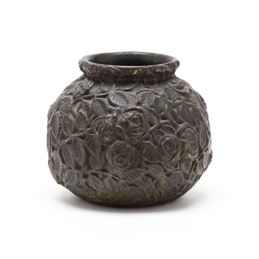 Michael Andersen & Sons Pottery Vase: pre-war, relief rose decoration, marked and numbered "m1357." 4.5 in. Additional high-resolution photos are available at LelandLittle.com