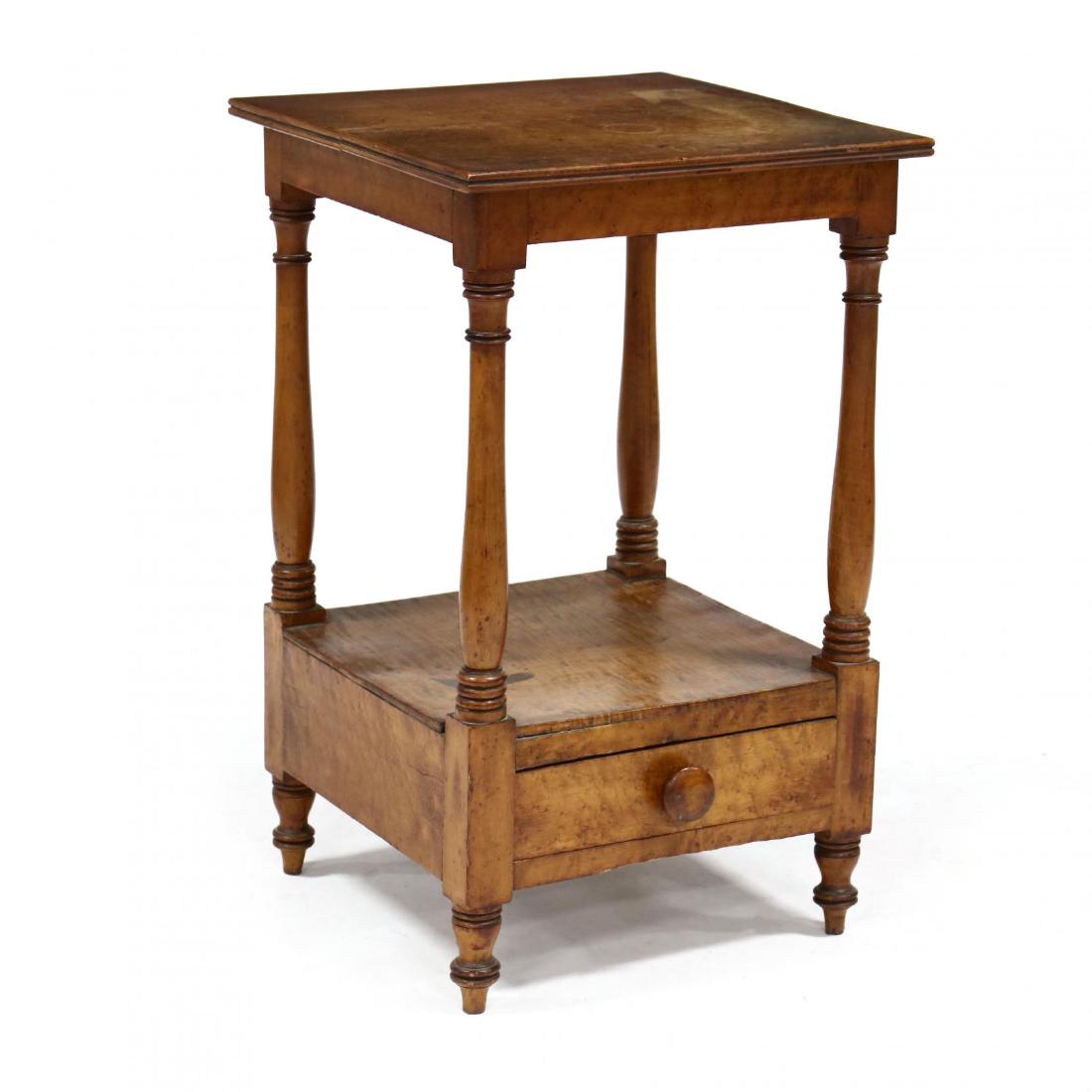 New England Maple and Tiger Maple Unusual Side Table: circa 1830, birsdeye maple, white pine secondary, top with reeded edge, nicely ring turned columns, , lower highly figured shelf above a single drawer, on well turned short legs. 28.75 x 17.75 x 18 in