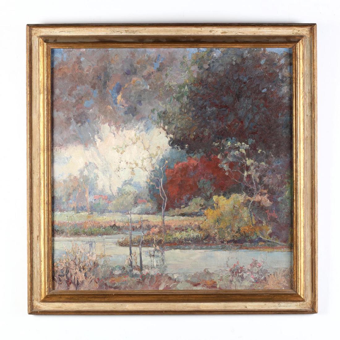 Henry A. Thiede (Germany/IL, 1871-1950), Landscape with: oil on canvas, signed at right, only partially discernible inscription to stretcher and canvas verso, presented in painted and gilt frame. DOA 30 x 30 in. Thiede was art director for the Red Book Corp