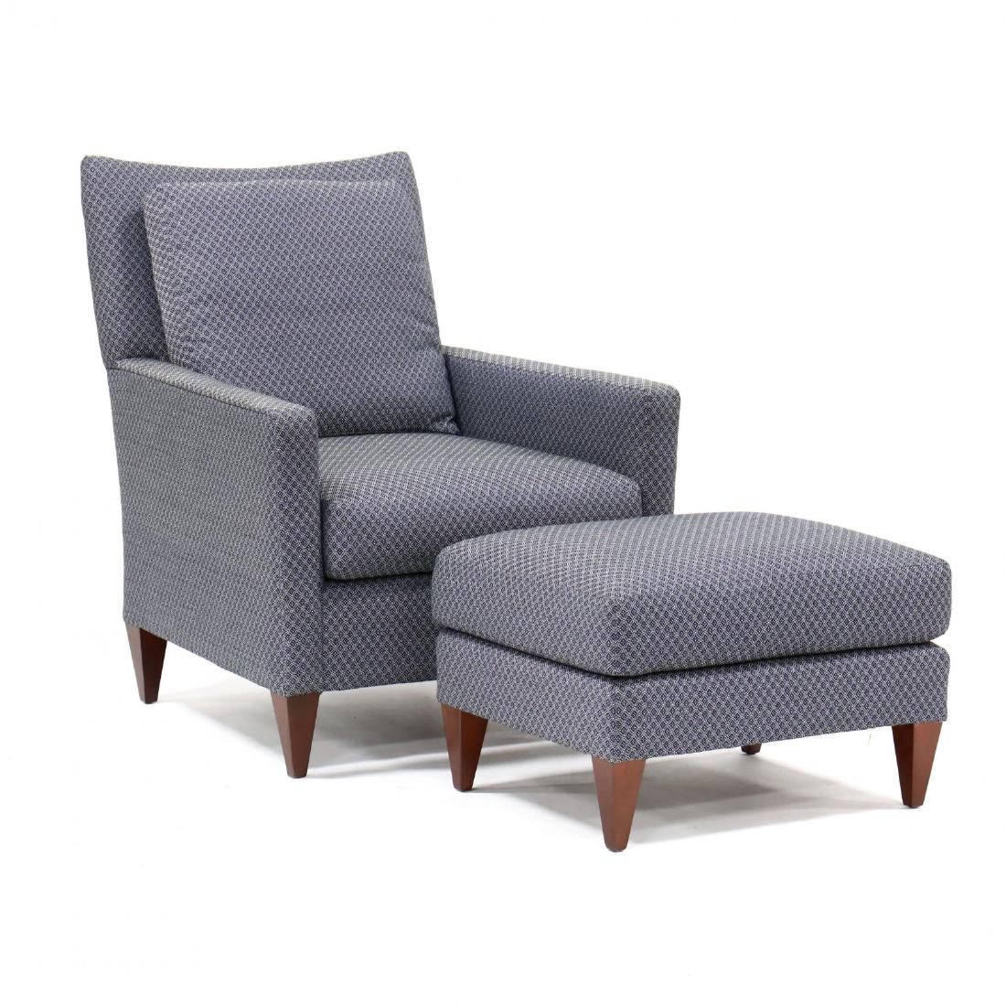 Pearson, Upholstered Club Chair and Ottoman: contemporary, down mix loose cushion, raised on cherry square tapered legs, labeled. Chair 40 x 33 x 33 in. Additional high-resolution photos are available at LelandLittle.com