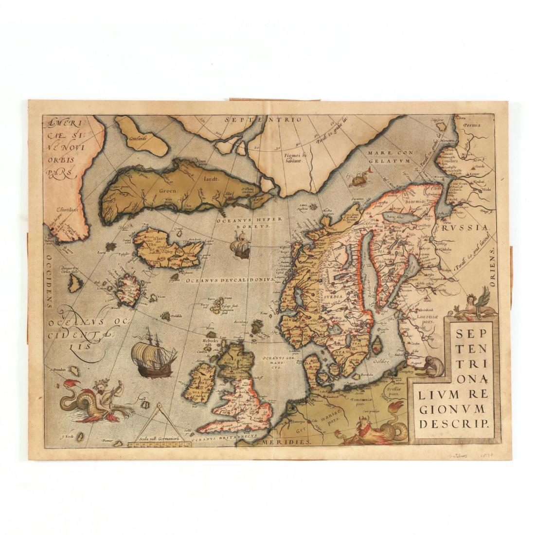 Ortelius, Abraham. Septentrionalivm Regionvm Descript.: (Antwerp, 1570s-1580s), copperplate engraving of the British Isles, Scandinavia, Iceland, Greenland, and the eastern edge of Canada; hand-coloring. From the Theatrum Orbis Terrarum. Unframed. Sheet 15