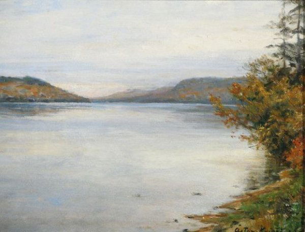 Louis Aston Knight (NY, 1873-1948), Lake George: Louis Aston Knight (NY/France, 1873-1948), Lake George, oil on board, signed LR "Aston Knight," depicting a view across Lake George in the fall (Lake George in upstate New York was a popular artist's