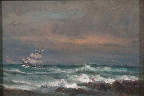 Att. Clement Drew (MA, 1806-1889), "Storm off Stag: Att. Clement Drew (MA, 1806-1889), "Storm off Stage Rocks Gloucester Mass", oil on canvas laid on panel, wood panel bears later inscription "Storm off Stage Rocks/Gloucester Mass" & "C. Drew" (in two