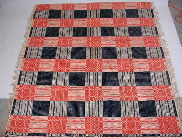 Overshot Coverlet,: Overshot Coverlet, red and blue on cream, 2 part, mid 19th c., knotted fringe on 3 sides; minor wear to fringe, some staining; 74"w x 80"l