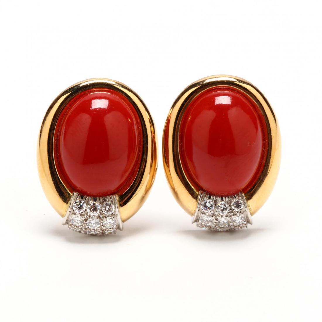 18KT Gold, Red Coral and Diamond Ear Clips (1 of 3)