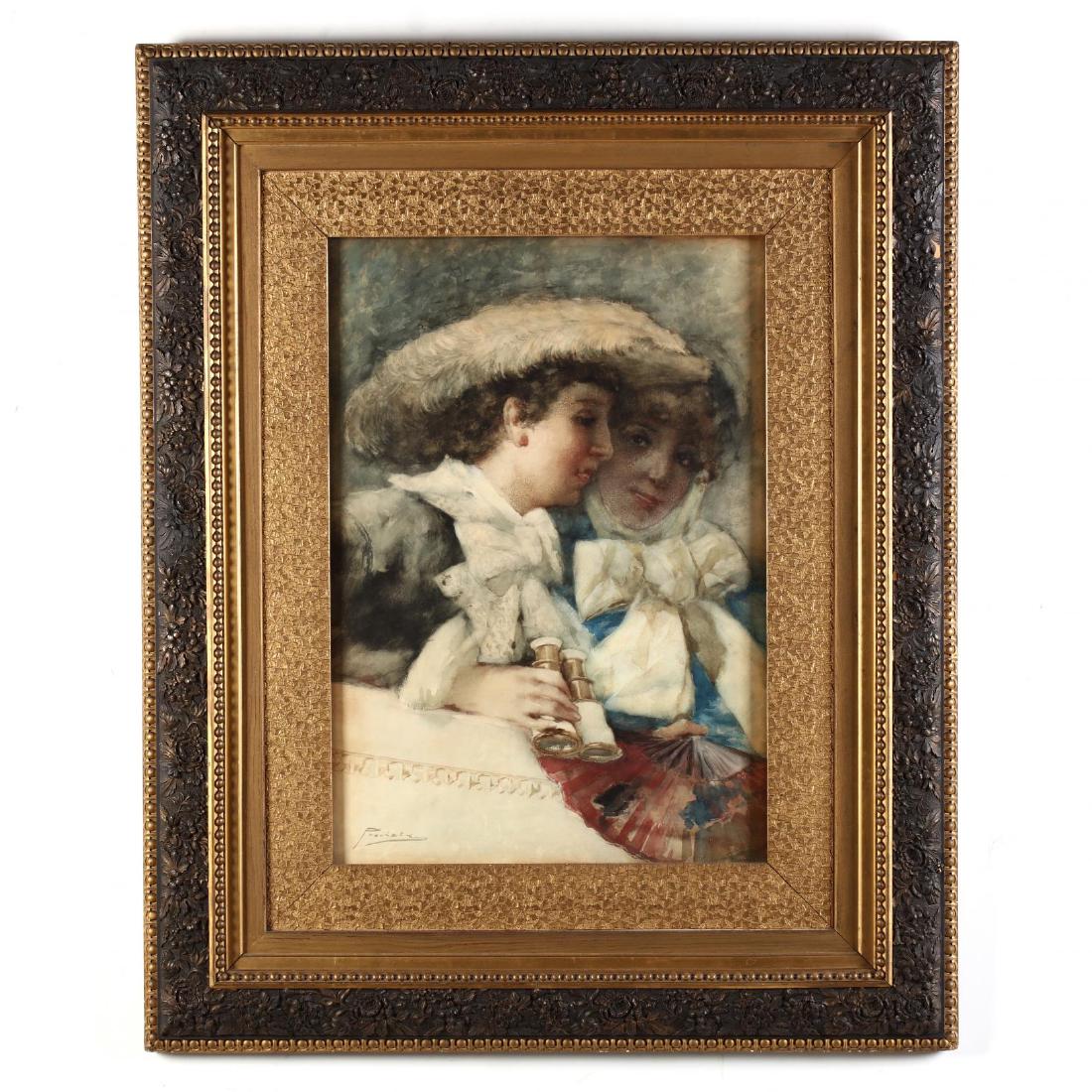 Gaetano Previati (Italian, 1852-1920), The Loge: watercolor, signed at lower left, circa 1870, presented in the likely original ornate gilt composition frame. SS 28 x 19.5 in.; DOA 45.5 x 37 in. Estate of E. M. Pickens, Crescent City, Florida Addit