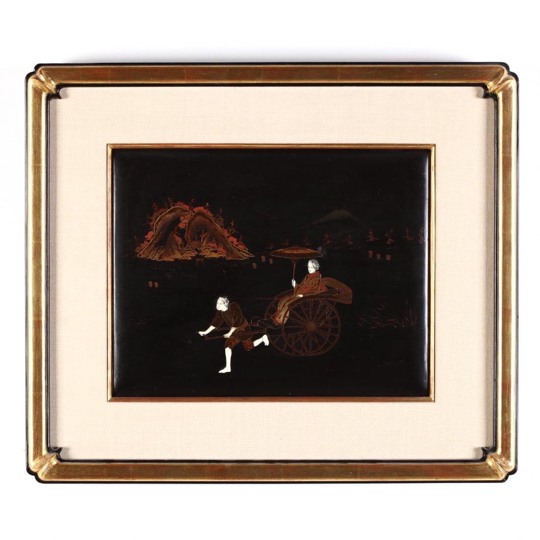 Framed Chinese Lacquer Wall Hanging: with paint and inlay, 20th century, presented in gilt and painted frame. DOA 18 x 21 in. From The Collection of the Late Stuart Walston and Doris Schaum Walston of Wilson, North Carolina Additional hi