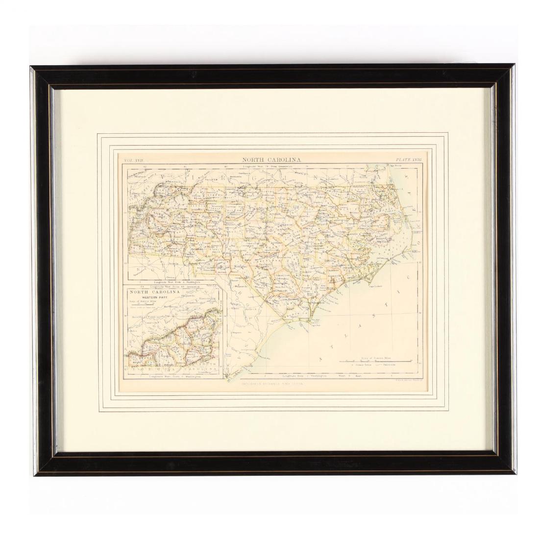 19th-Century W. & A. K. Johnston Map of North Carolina: published in the 9th Edition of the Encyclopedia Britannica (Edinburgh: W. & A. K. Johnston), 1884. DOA 13 x 15 1/2 in. From The Collection of the Late Stuart Walston and Doris Schaum Walston of Wilso