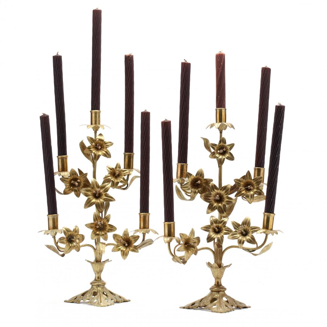 Pair of Italian Gilt Brass Candelabra: early 20th century, five live form with lily decoration. 19 in. From The Collection of the Late Stuart Walston and Doris Schaum Walston of Wilson, North Carolina Additional high-resolution photos are