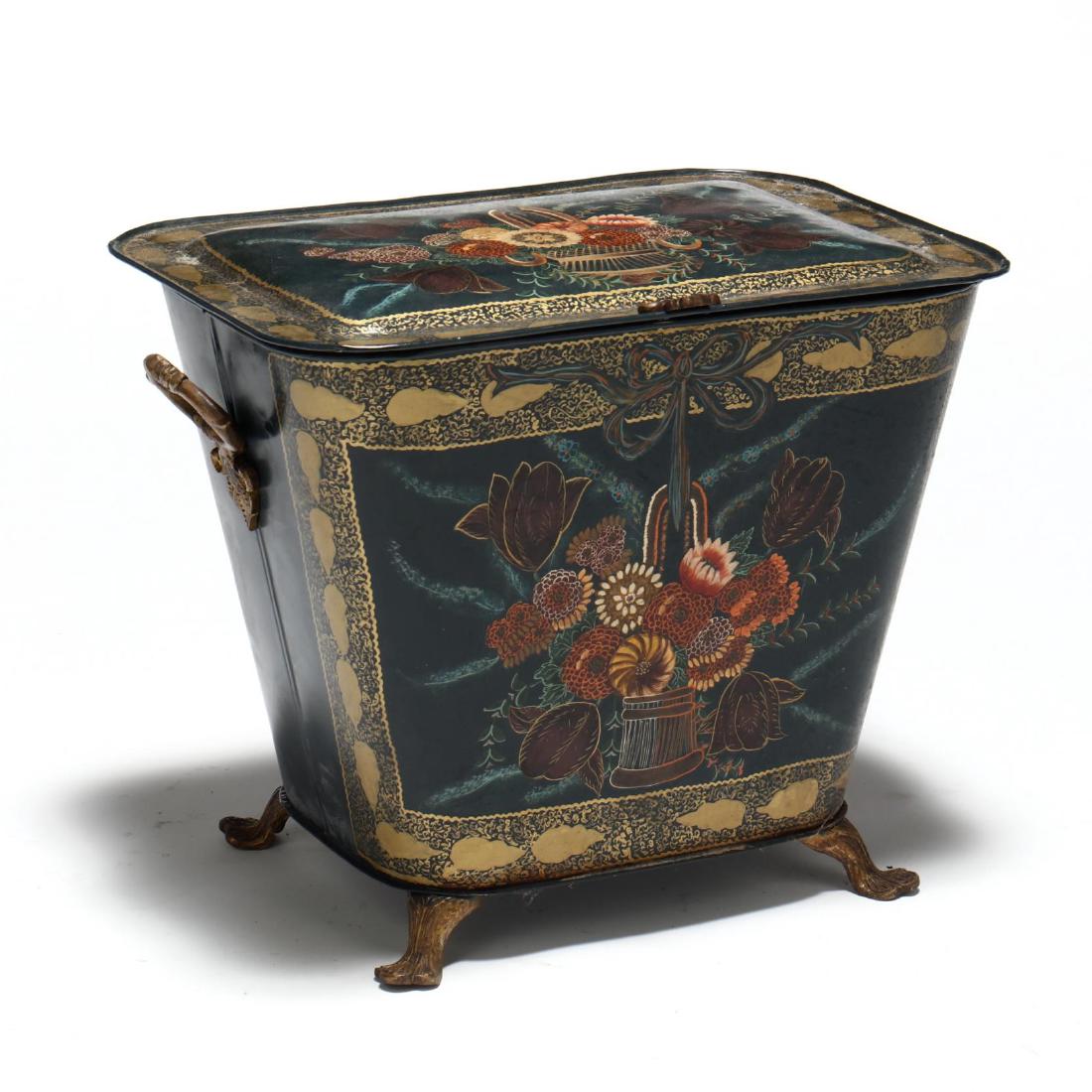 Georgian Style Toleware Coal Scuttle: contemporary, hinged lid, applied handles, floral decoration. 17.5 x 23 x 16 in. From The Collection of the Late Stuart Walston and Doris Schaum Walston of Wilson, North Carolina Additional high-resol