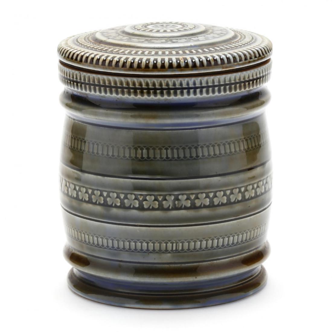Wade, Irish Porcelain Lidded Tobacco Humidor: mid 20th century, shamrock decoration, marked. 5.75 in. Additional high-resolution photos are available at LelandLittle.com